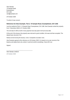 Page one of a landlord reference letter PDF built from made-up details: the writer’s address, the date, the reference heading, the tenancy dates, the rent paid in full, the condition at the end, the deposit returned and the tenant’s agreement, then the signature line