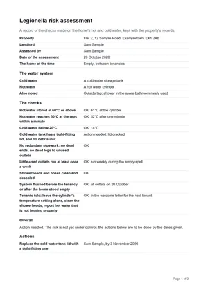 Page one of a legionella risk assessment PDF built from made-up details: the property, who made the assessment and when, the water system, the nine checks each with its result and reading, the overall result and the action with who does it and by when