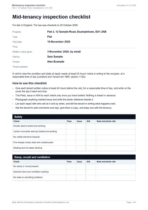 Page one of a mid-tenancy inspection checklist PDF built from made-up details: a line saying it is for lets in England and when the law was checked, the property, the visit date, the written notice given by email a week before, who made the visit, the 24-hour notice rule, how to use the checklist, then the safety and damp checks with Pass, Issue and N/A columns