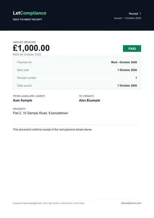 Page one of a rent receipt PDF built from made-up details: the amount received, a PAID badge, the rent period, the date paid, the receipt number, the landlord, the tenant and the property