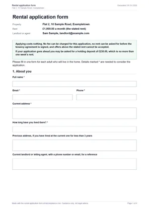 Page one of a rental application form PDF built from made-up details: the property, the stated rent, the landlord, the box saying applying costs nothing, and the first questions about the applicant