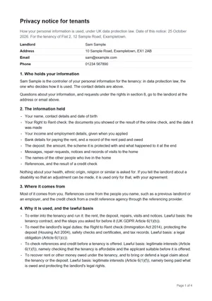 Page one of a tenant privacy notice PDF built from made-up details: the landlord’s name, address, email and phone, who holds the information, what is held, where it comes from, and the start of why it is used with the lawful basis for each purpose