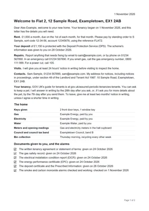 Page one of a tenant welcome letter PDF built from made-up details: the rent and how to pay it, the deposit, repairs with the gas emergency and power cut numbers, visits, contacts, the home’s suppliers and meters, and the documents given with their dates